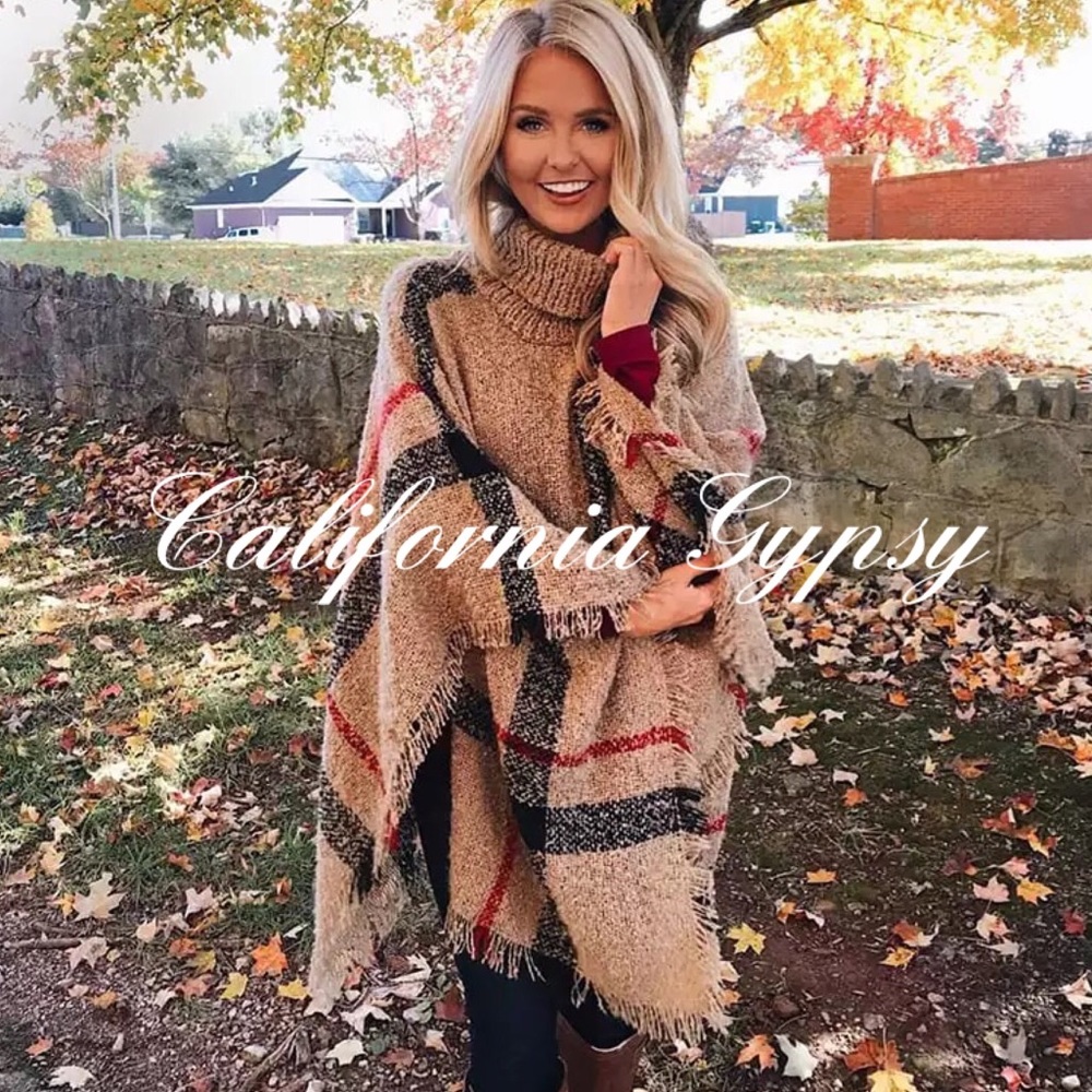 🎉Tartan Check Turtleneck Sweater Poncho